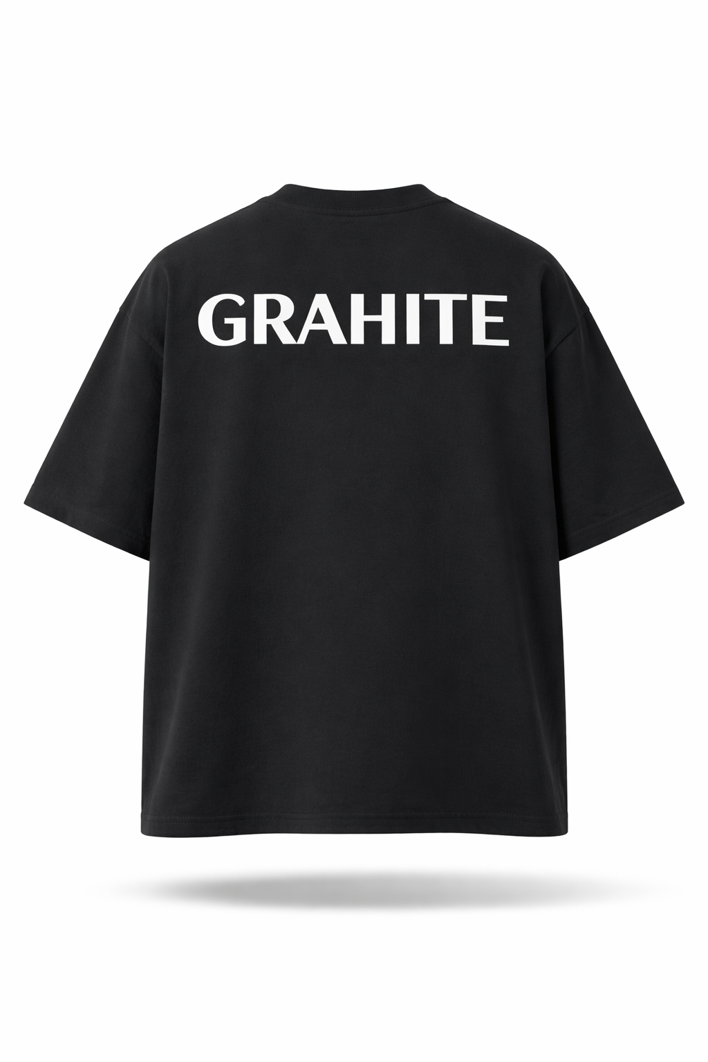 Black t-shirt with 'GRAHITE' printed on the back against a white background