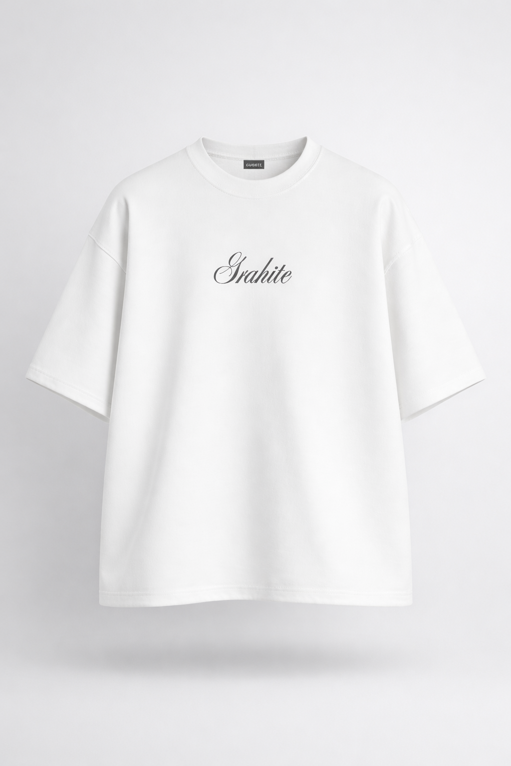 White t-shirt with black text on a light gray background