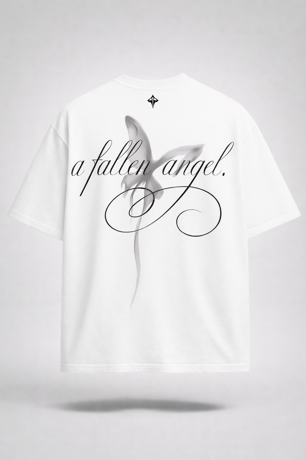 White t-shirt with 'a fallen angel.' text and black butterfly graphic on a light gray background